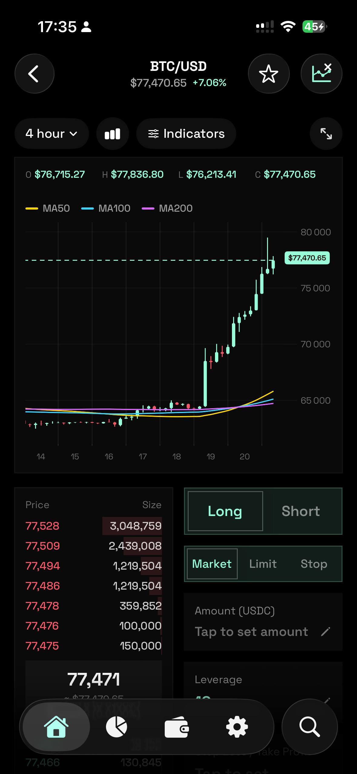 Gains mobile app showing a BTC/USD chart